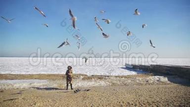 女人为饥饿的海鸥飞翔在冰封的海面上。 慢动作